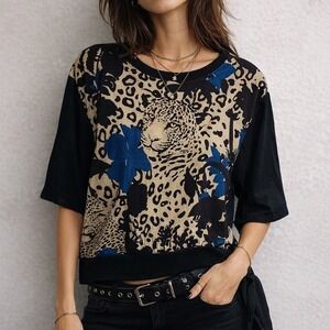 Sonia Rykiel Vintage Leopard Floral Print Tie Waist Top Women Size M Black Blue